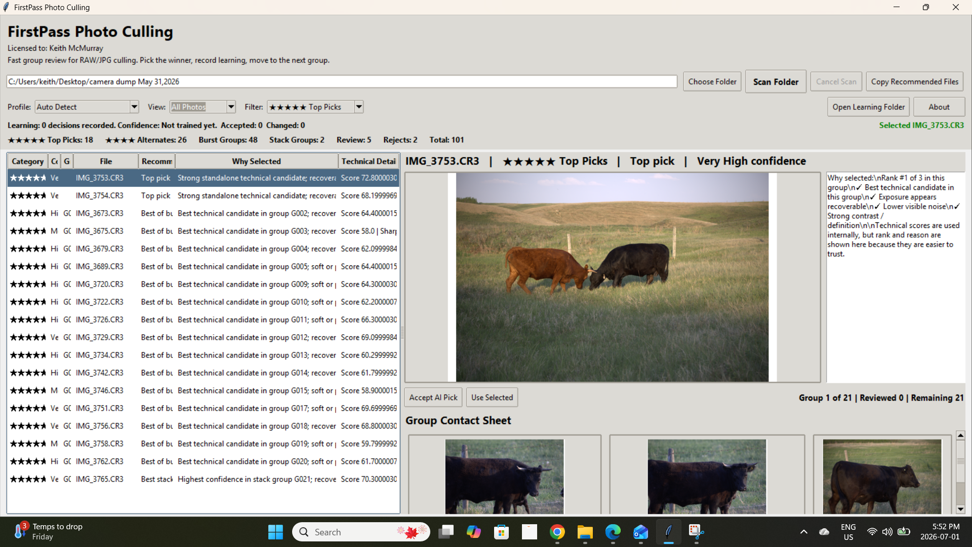 FirstPass Photo Culling AI review screen